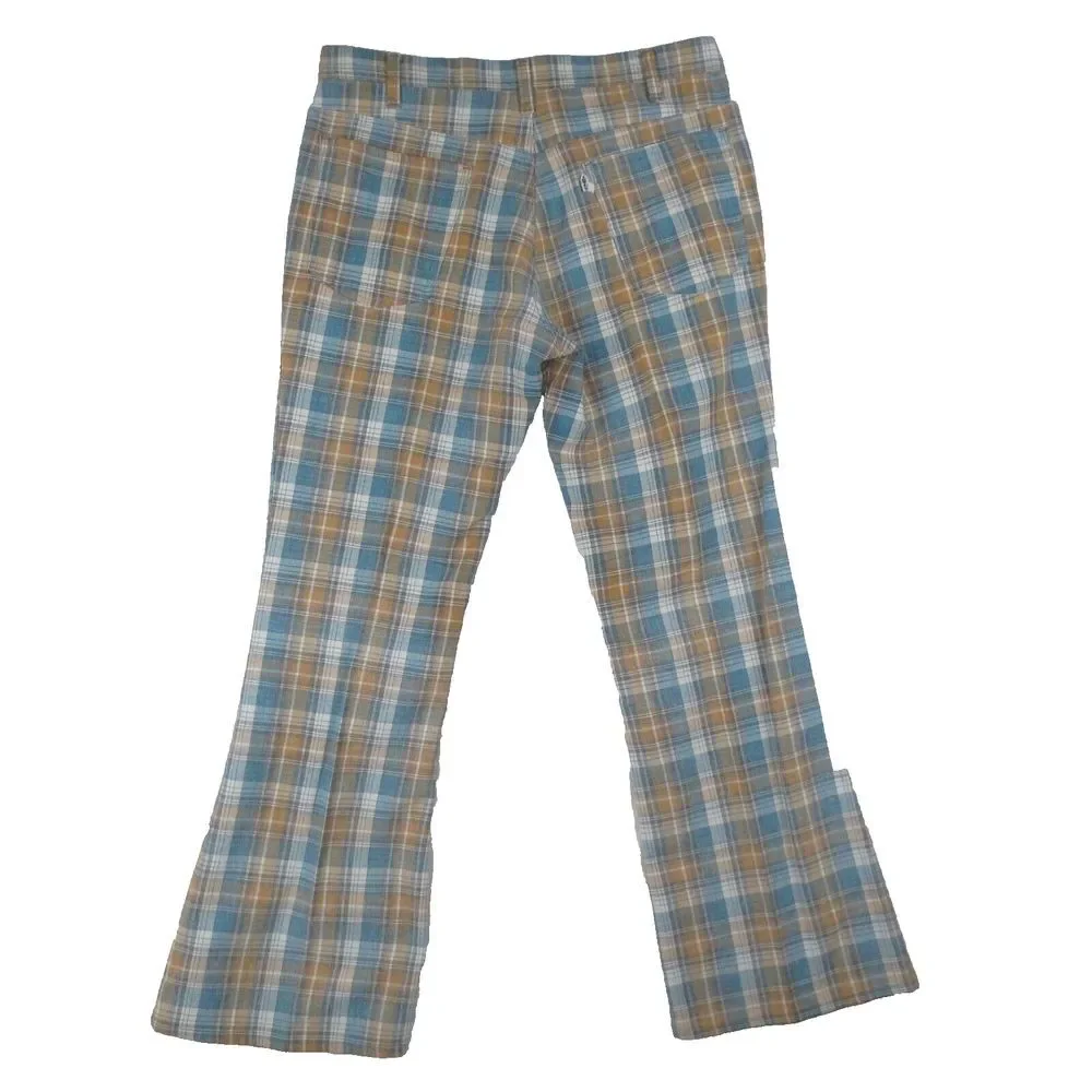 Vintage 1974 Levis Bell Bottoms Flared Pants 33x30 Blue Yellow Plaid‎ Talon USA